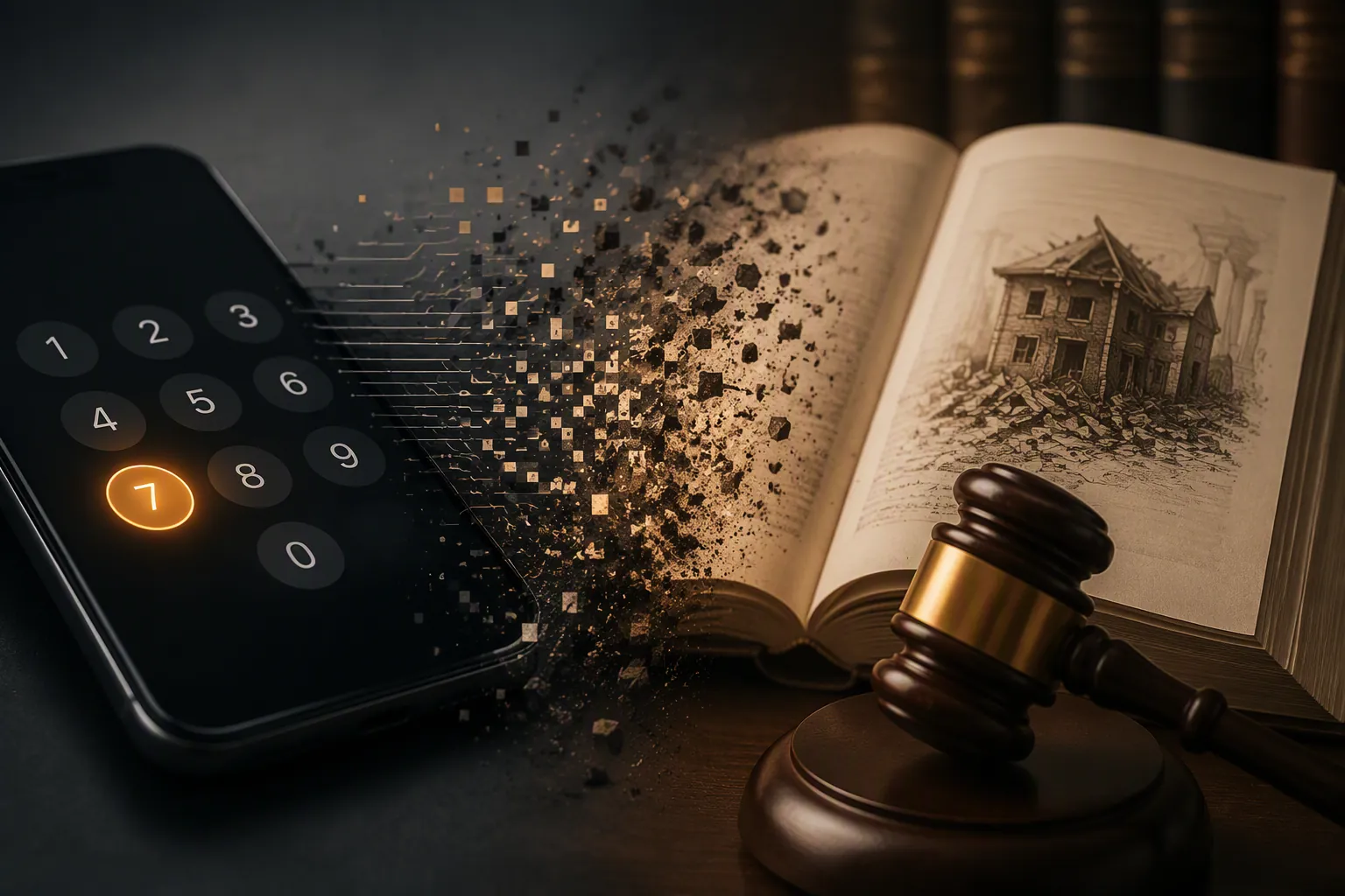 Smartphone keypad beside an open statute book and gavel, with digital particles dissolving between them