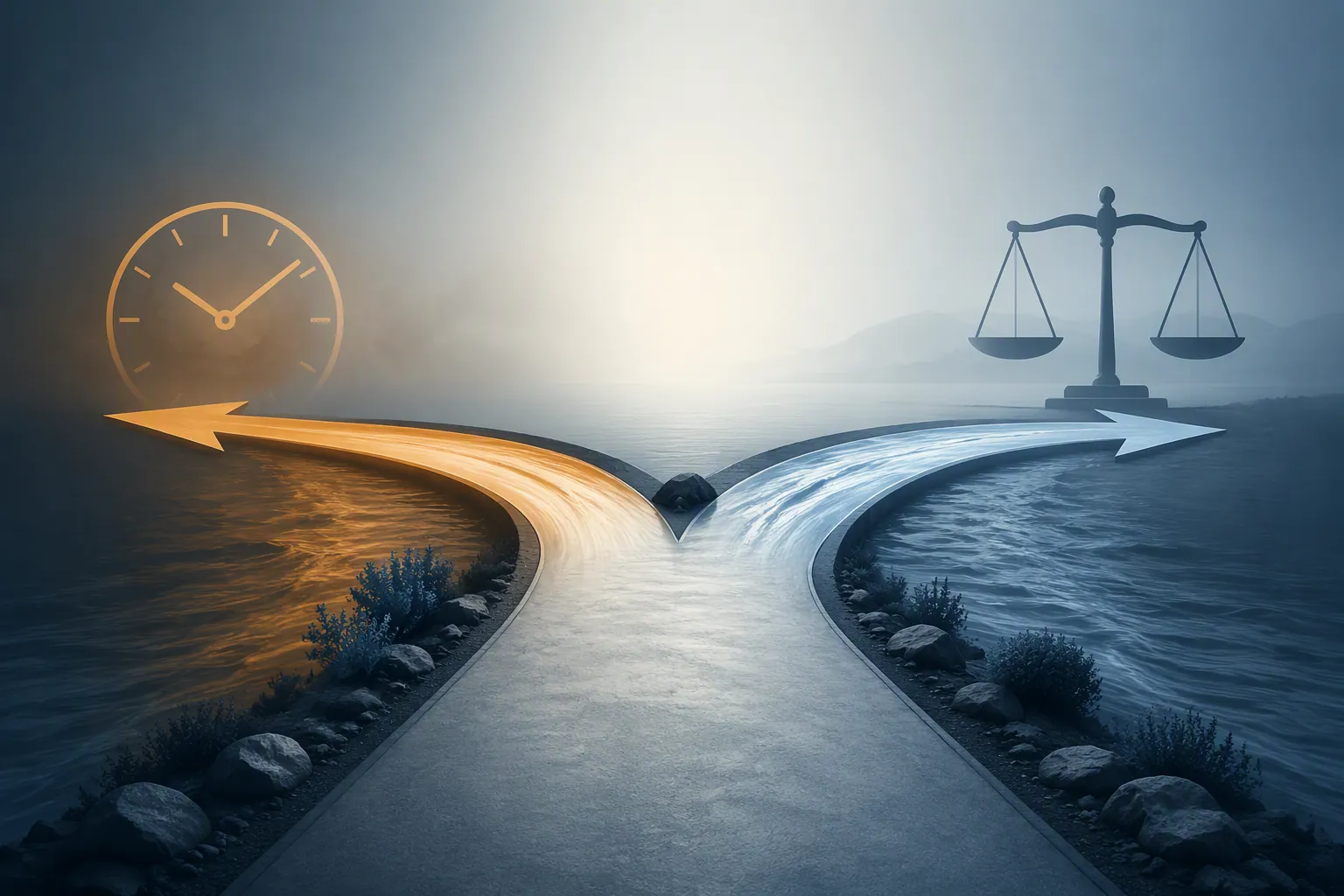 Two diverging legal pathways from a single point with a clock motif suggesting an urgent deadline