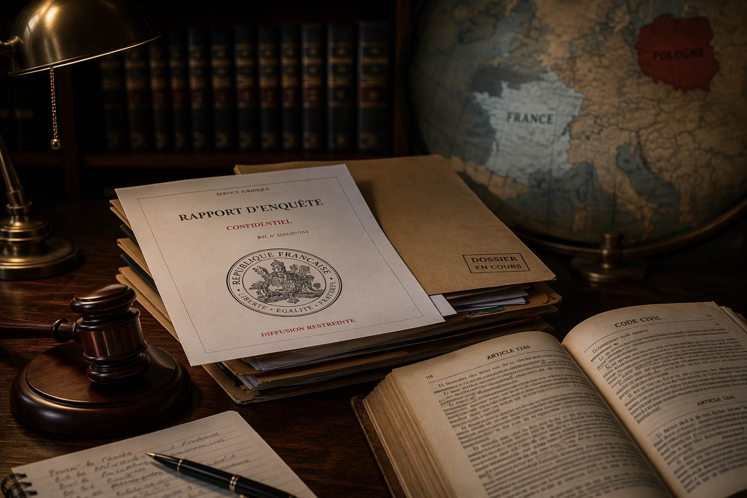 Official documents, a gavel, a French legal code, and a blurred map suggesting France and Poland