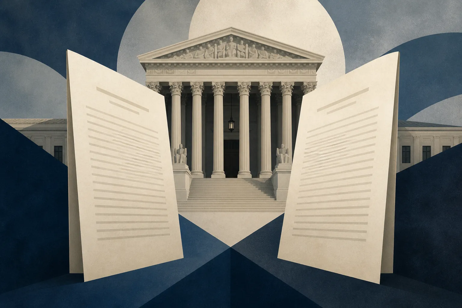 Two legal documents before a courthouse facade