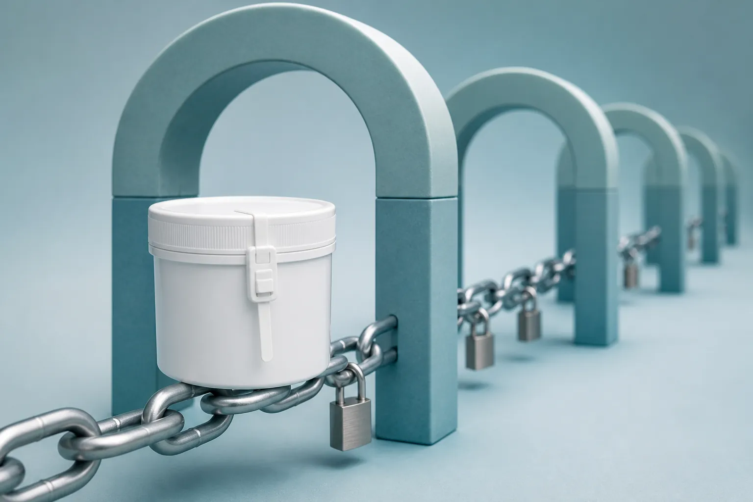 Sealed tamper-evident container resting on locked chain links through checkpoint arches