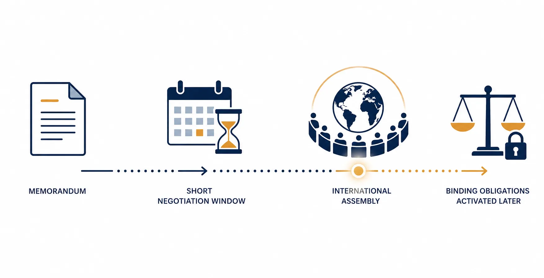 Timeline from memorandum through negotiation window to Security Council legal force