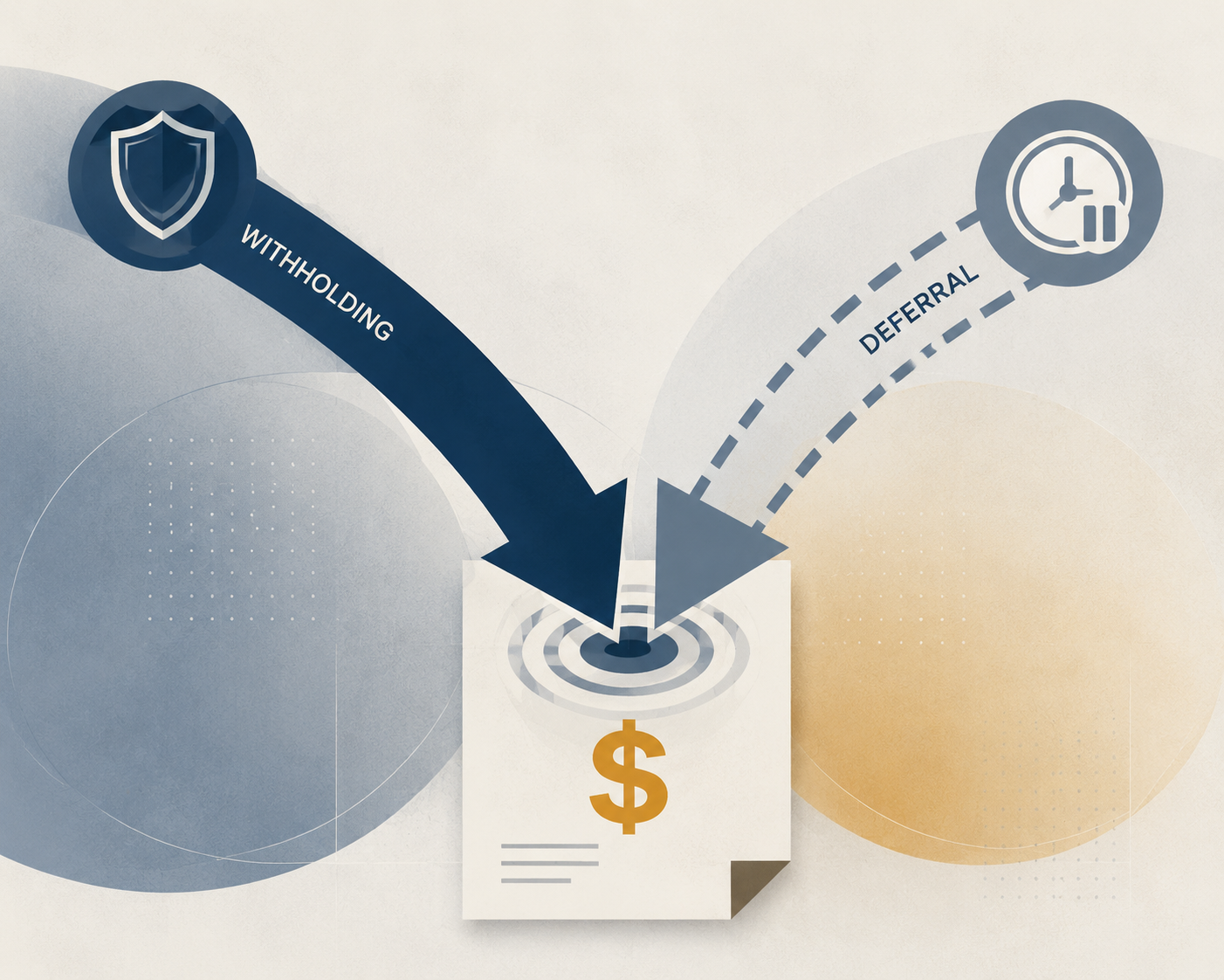 Two overlapping arrows converging on a document, one shielded and one paused.