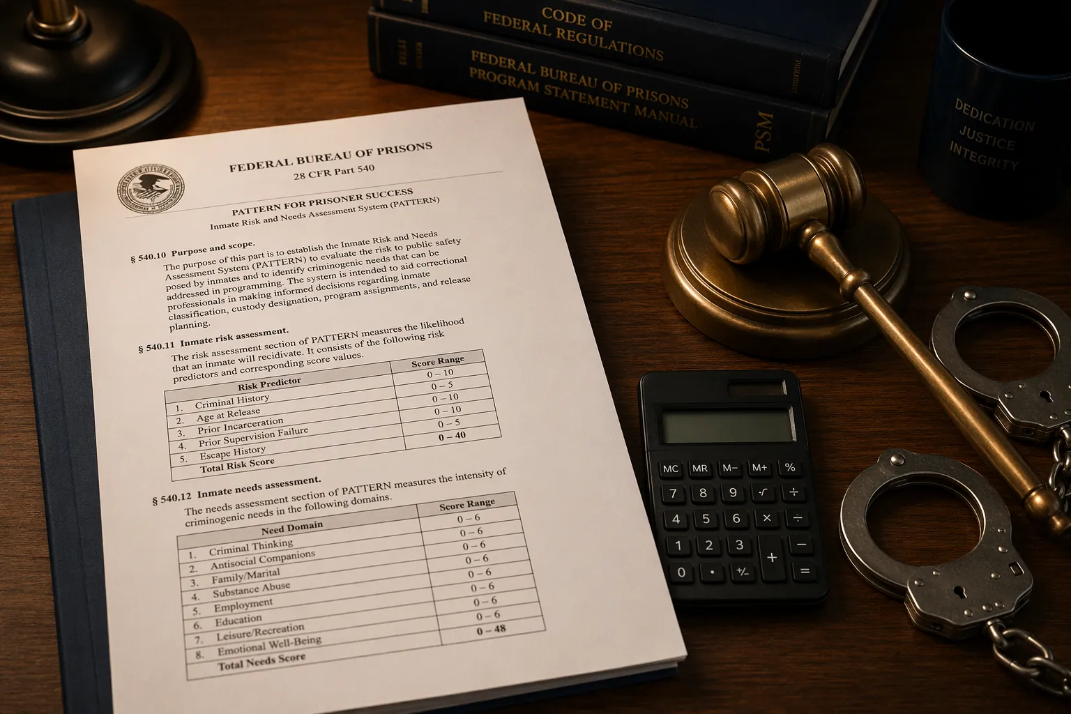 Printed BOP regulation document with tables beside a gavel, calculator, and handcuffs