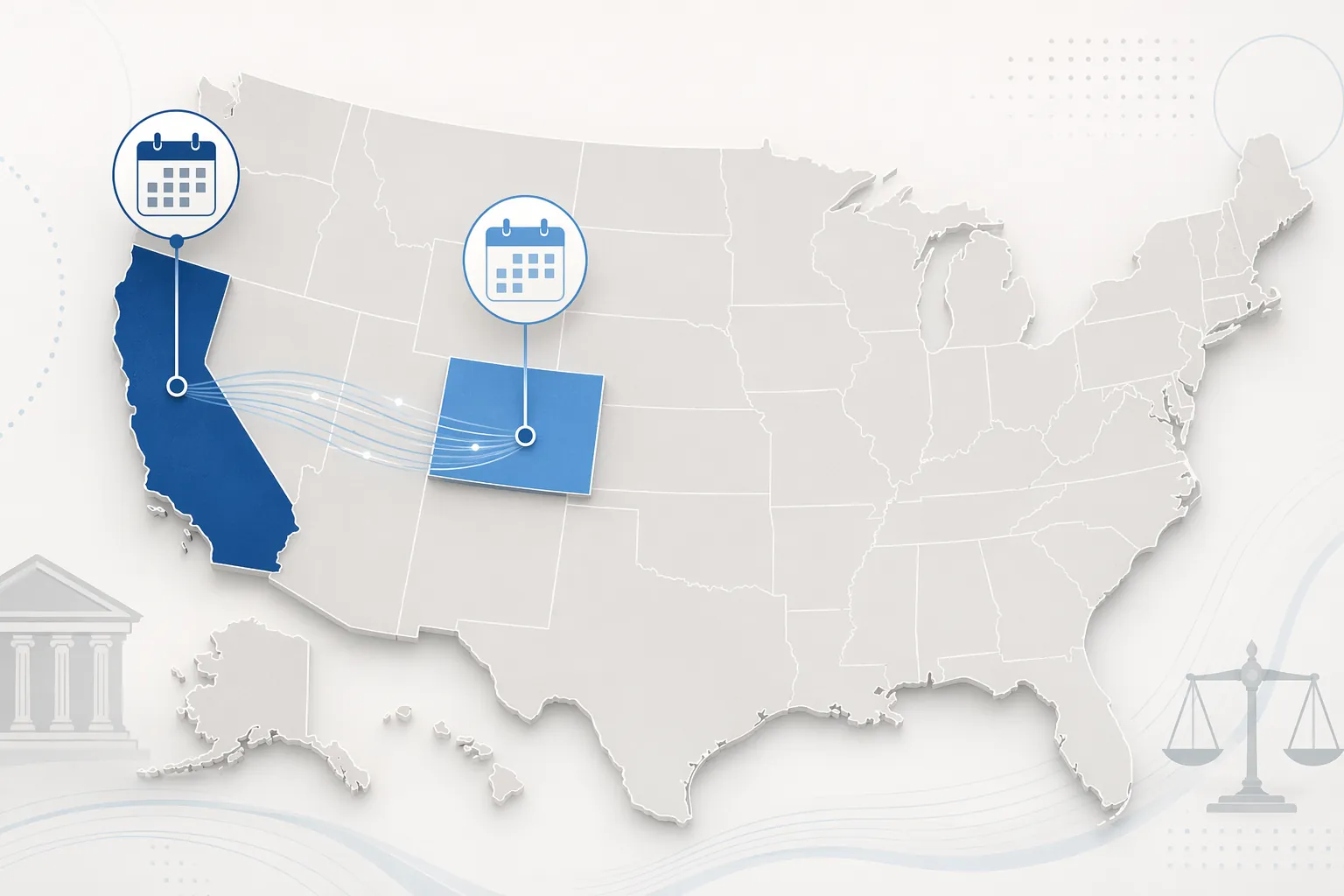 Map of the United States with Colorado and California highlighted for cross-jurisdictional AI regulation tracking