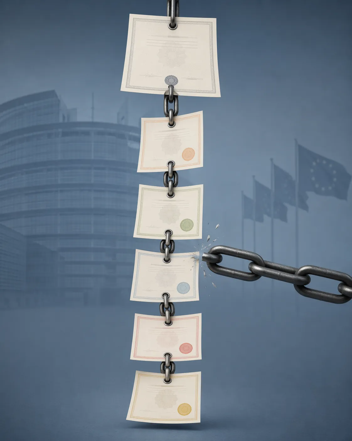 Illustration of five national approval certificates hanging from a Dutch RDW certificate while France pushes against the approval chain