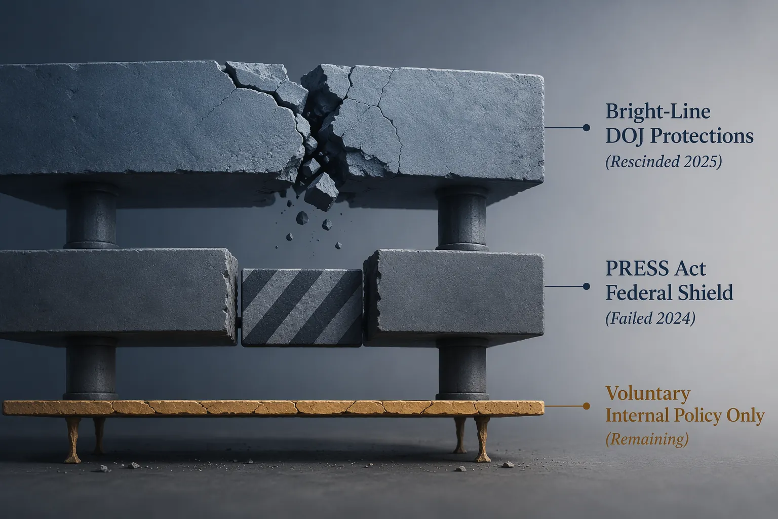 Three-layer legal-risk stack showing rescinded DOJ protections, a blocked PRESS Act layer, and remaining voluntary internal policy