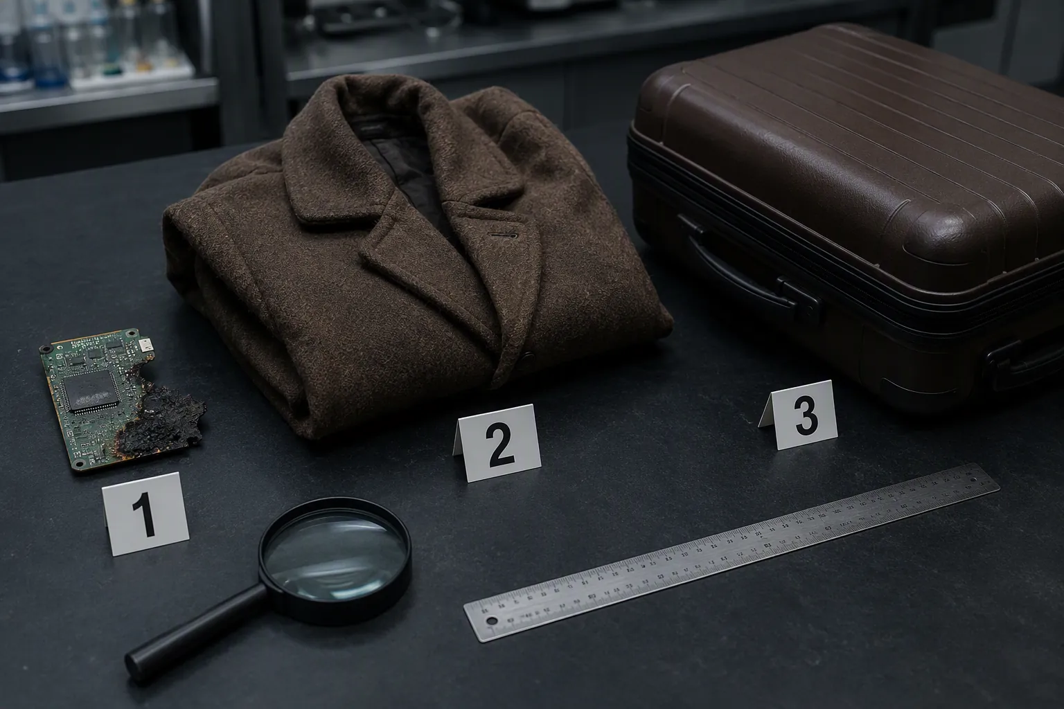 A forensic flat-lay showing a circuit-board fragment, a brown coat, and a hard-shell suitcase with evidence tags
