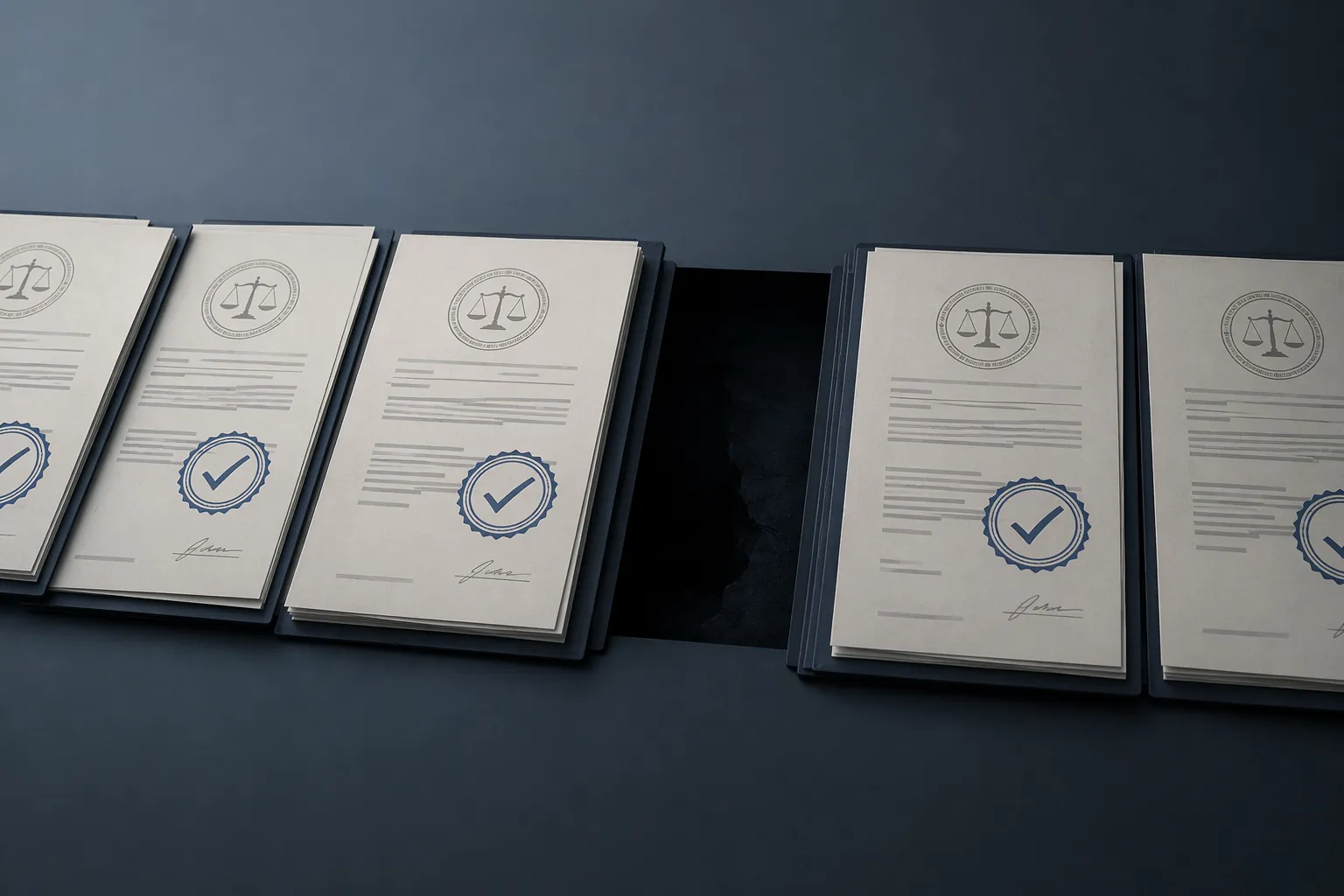 Stacked legal documents with a visible gap symbolizing a break in a chain of decisions