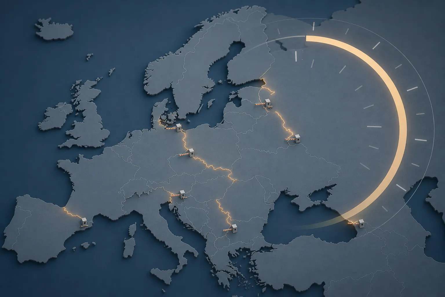 Stylized map of Europe with internal boundary lines, checkpoint markers, and a clock arc suggesting time-limited border controls