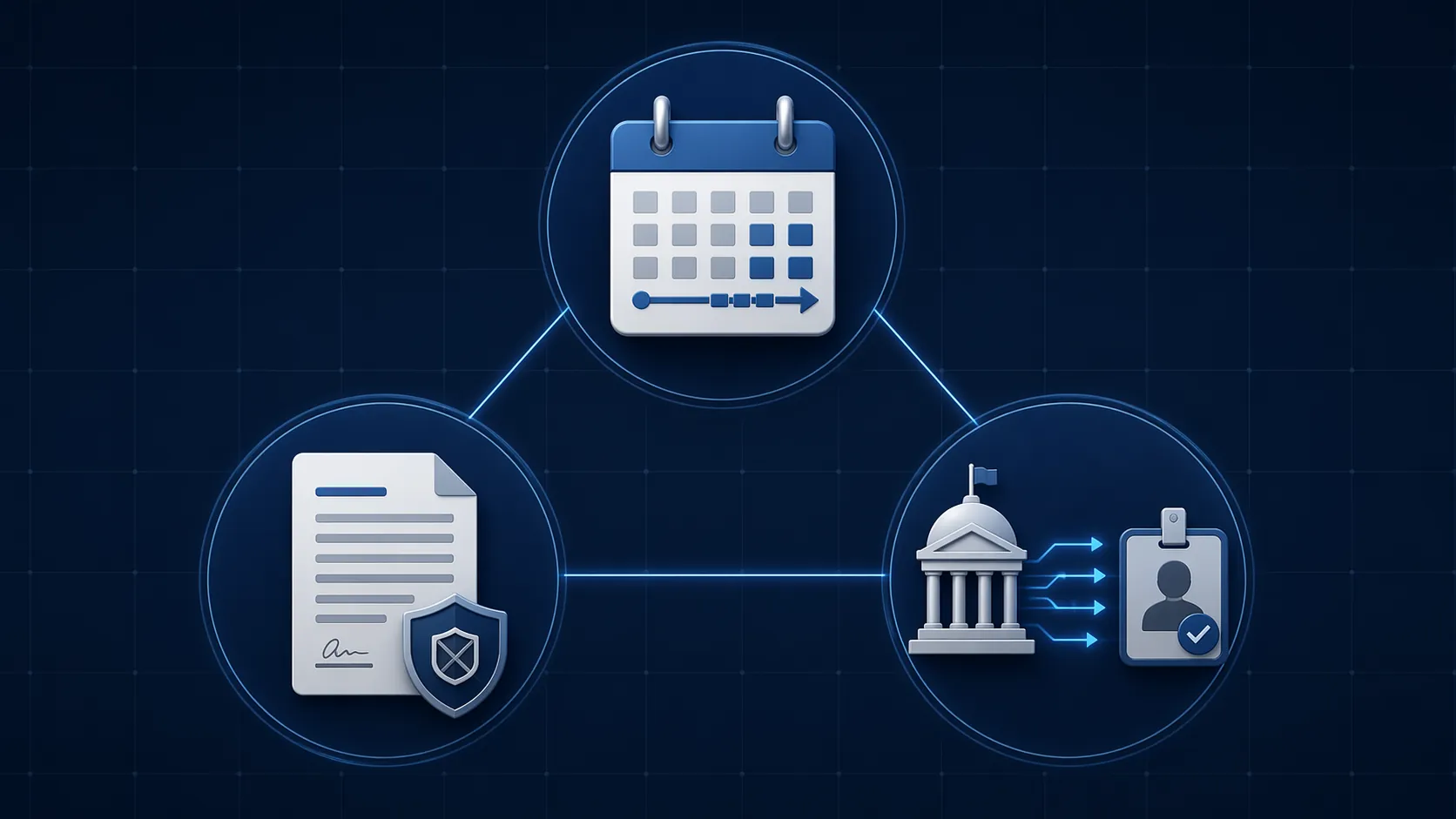 Three connected compliance pillars for model timing, contract use terms, and cleared-user data access