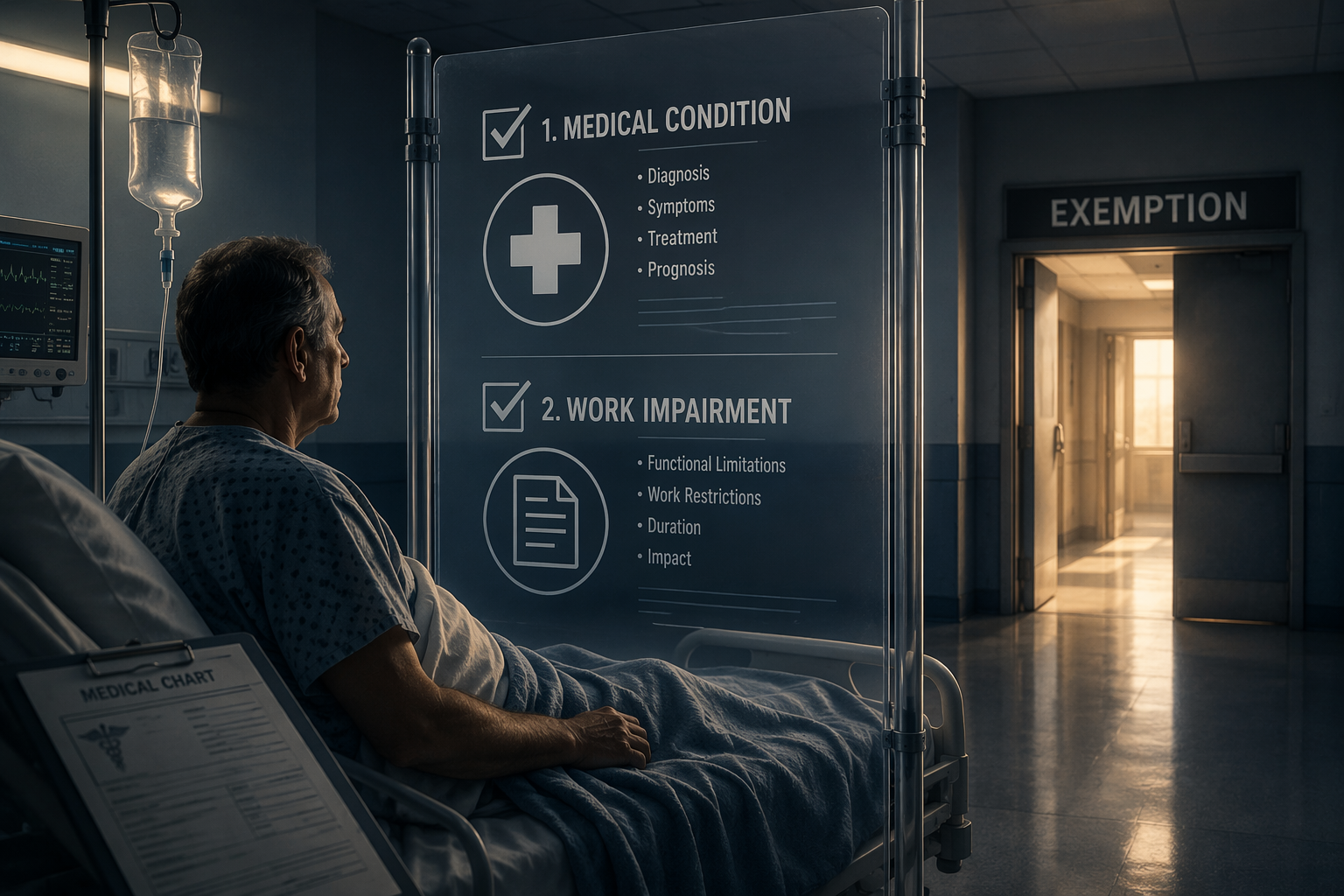 Patient in a hospital bed facing a documentation barrier between a medical condition and an exemption doorway