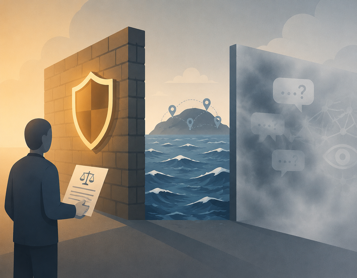 Person holding a legal document facing barriers representing platform immunity, offshore operators, and AI hallucination defenses