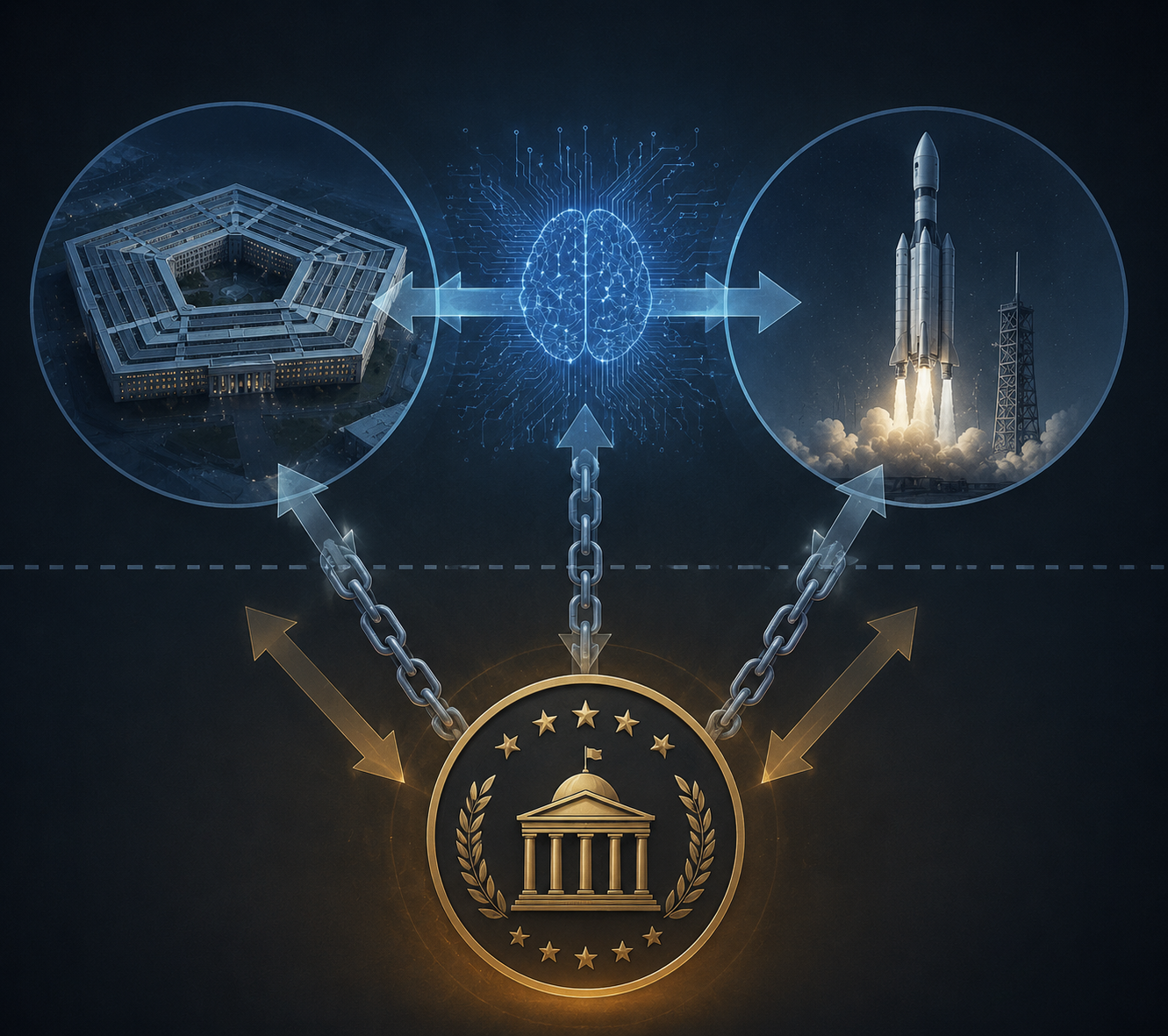 Triangular diagram connecting the Pentagon, SpaceX, and DOGE with arrows, chains, and dotted boundaries