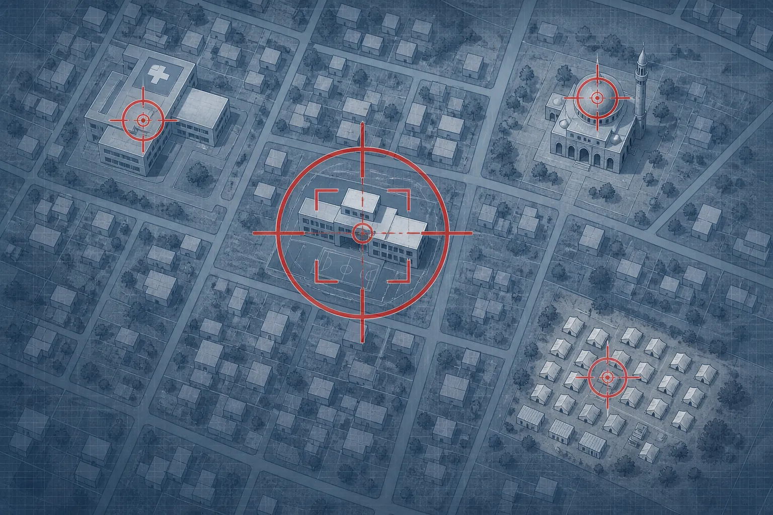 Targeting analysis map showing civilian and protected objects including a school, hospital, mosque, and displaced-persons camp