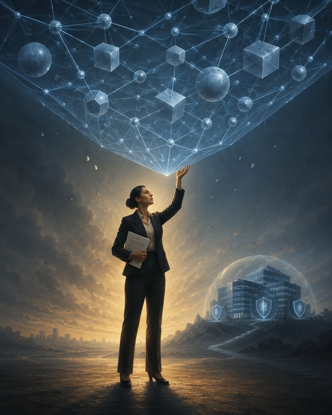 Legal professional holding a contract beneath a translucent open-weight AI model structure