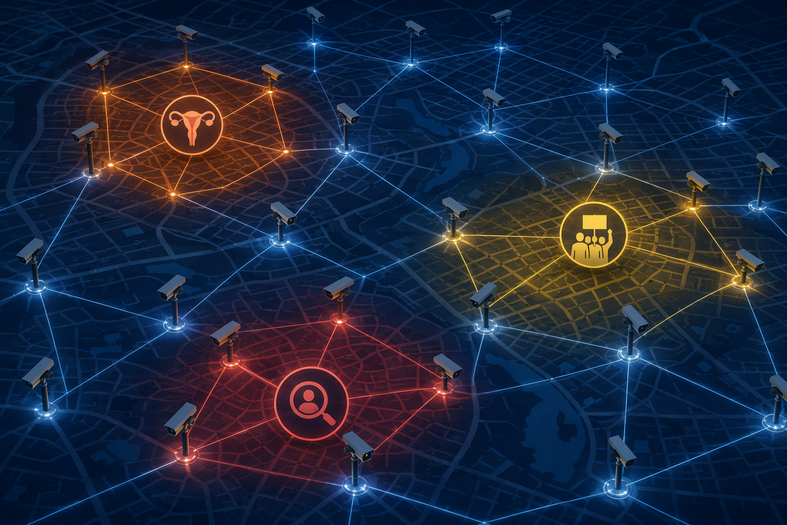 Interconnected surveillance network grid over a city map with civil liberties violation indicators