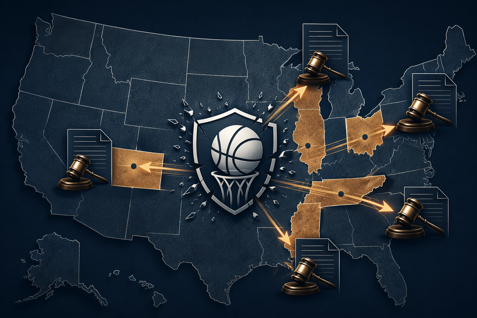 NCAA shield over a U.S. map with gavels and court documents radiating from highlighted states