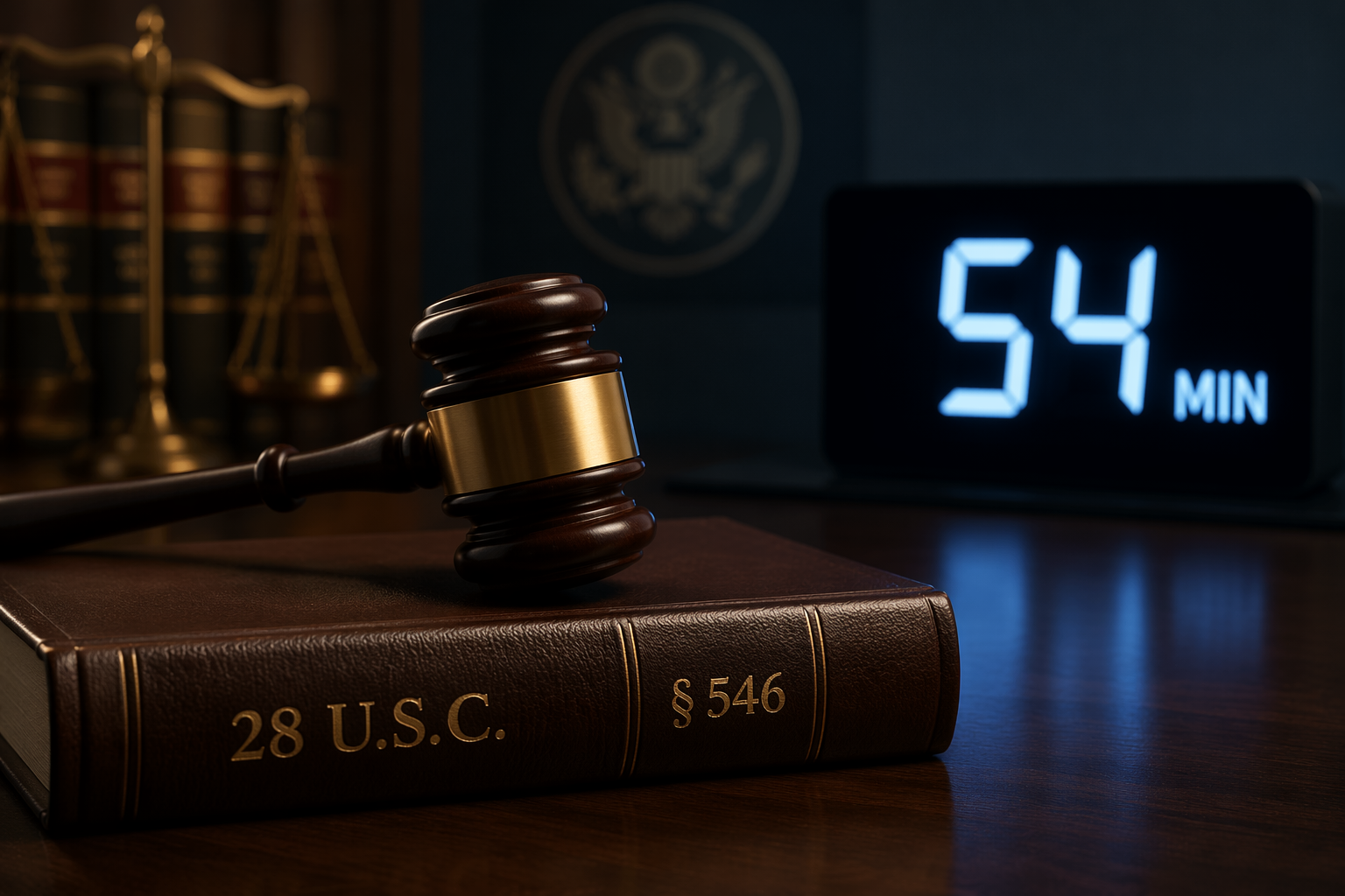 Judicial gavel on a statute book marked § 546 with a digital clock reading 54 minutes