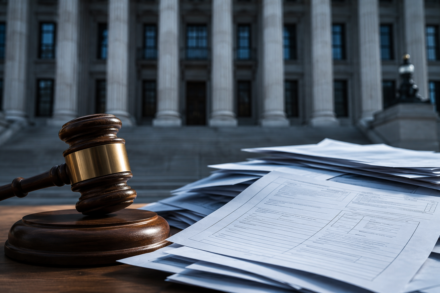 Federal courthouse facade behind a wooden gavel and habeas petition forms