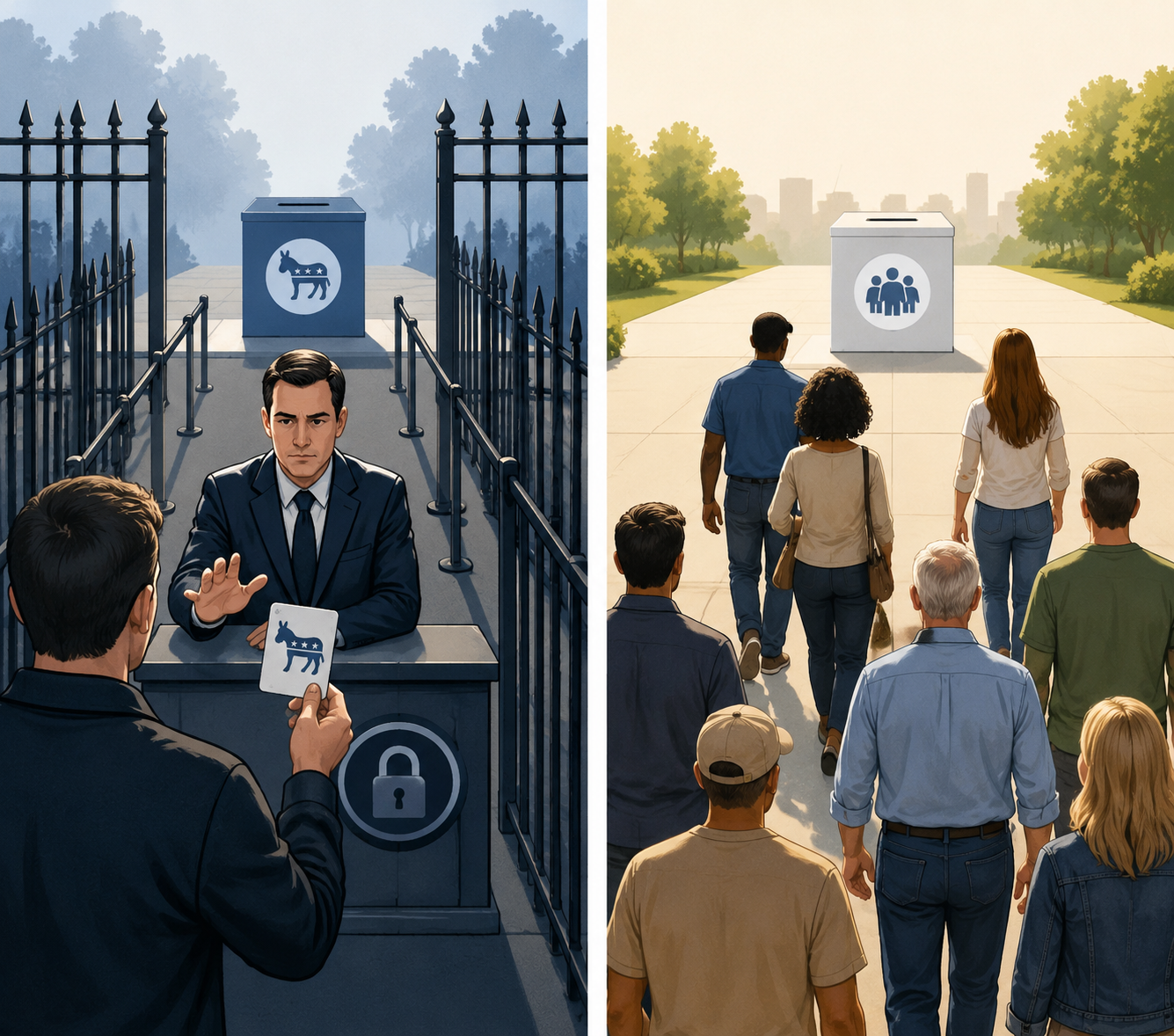 Comparison of closed-primary party checkpoint and open path to a ballot box