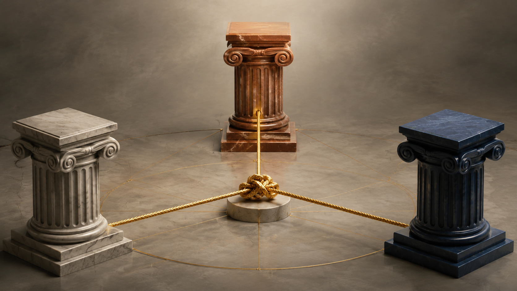 Three courthouse columns connected by golden legal threads forming a knot