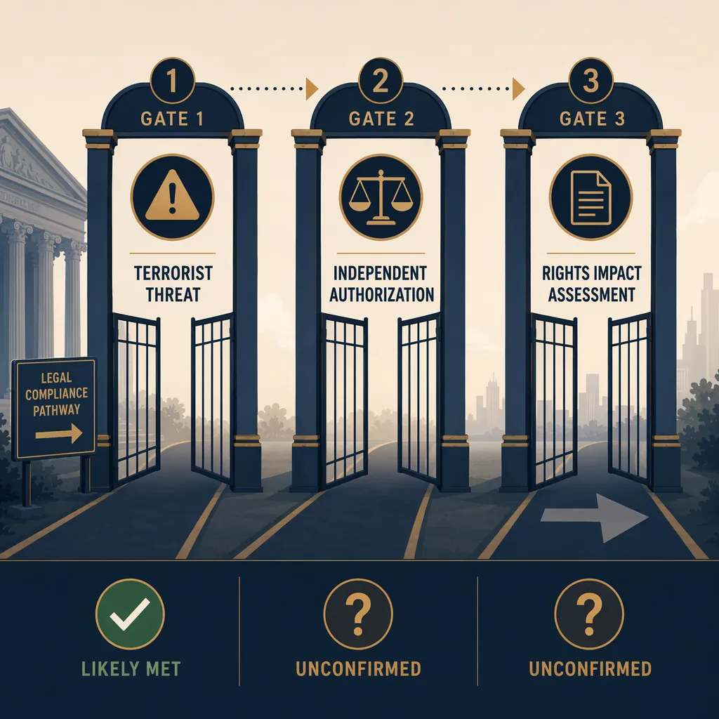 Three legal gates labeled terrorist threat, independent authorization, and rights impact assessment