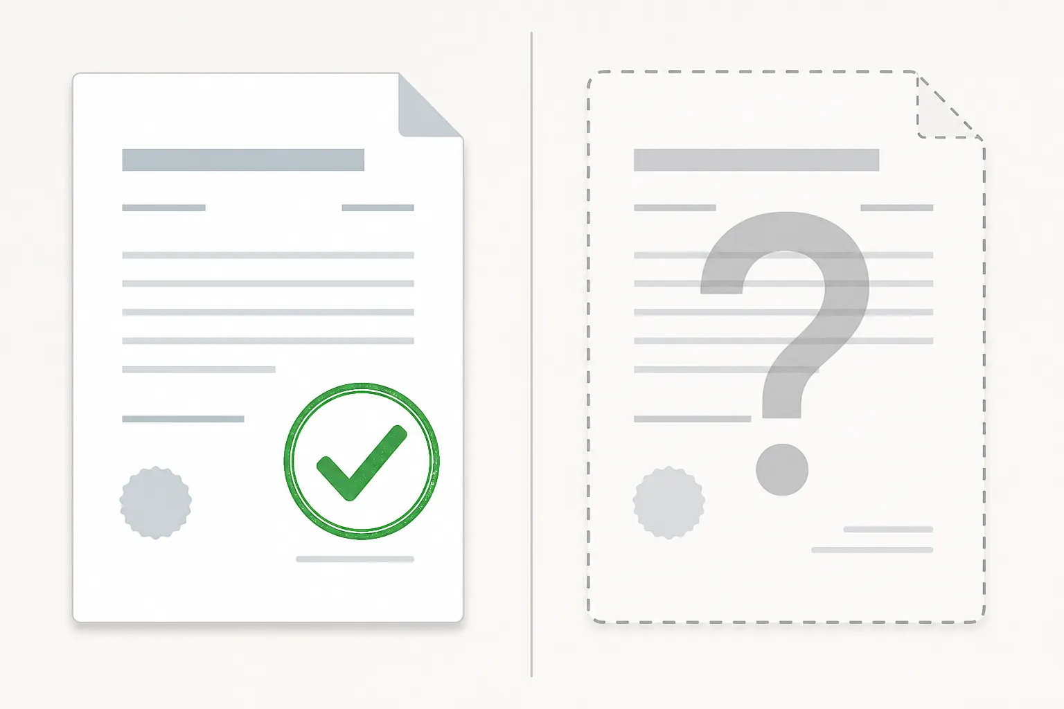Editorial illustration contrasting a verified document with an unconfirmed record