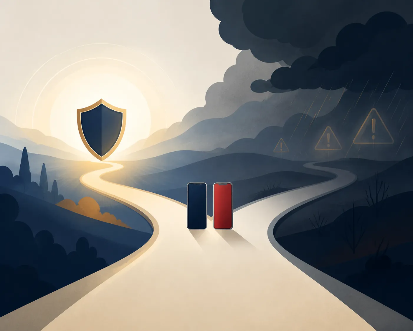 Two smartphones at a fork in the road leading toward a shield or a warning cloud