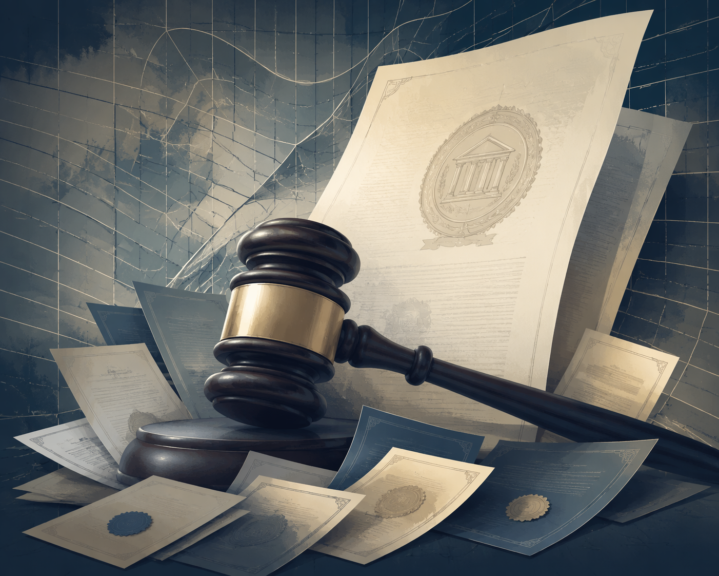 Gavel surrounded by layered legal documents and administrative seals with a warped grid behind them.