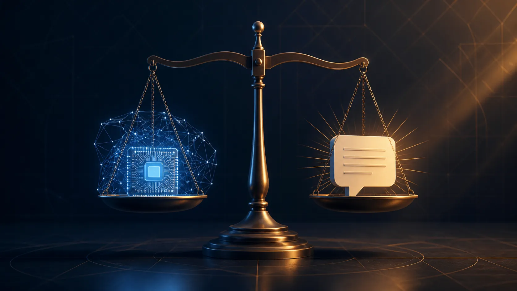 Scales of justice weighing an AI circuit chip against a speech-bubble document