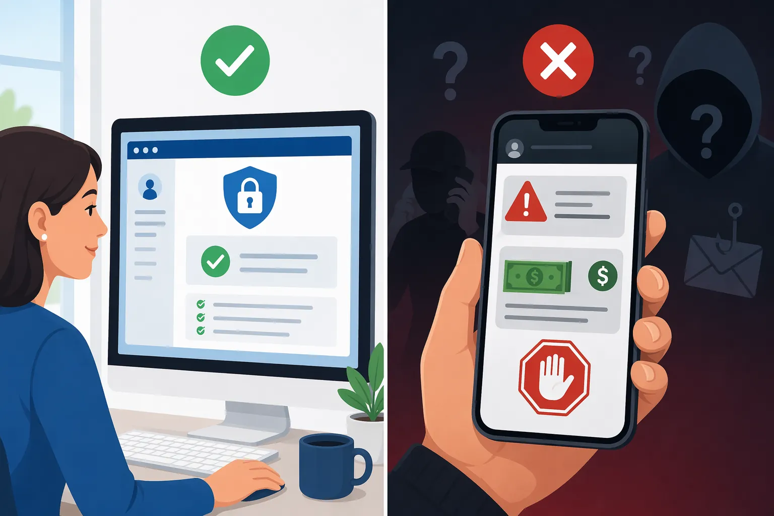 Illustration contrasting a secure settlement portal with a suspicious refund text message