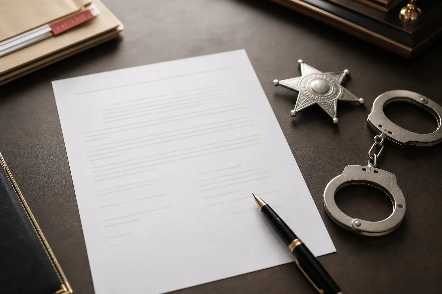 Legal claim document beside sheriff badge, handcuffs, and open case folder