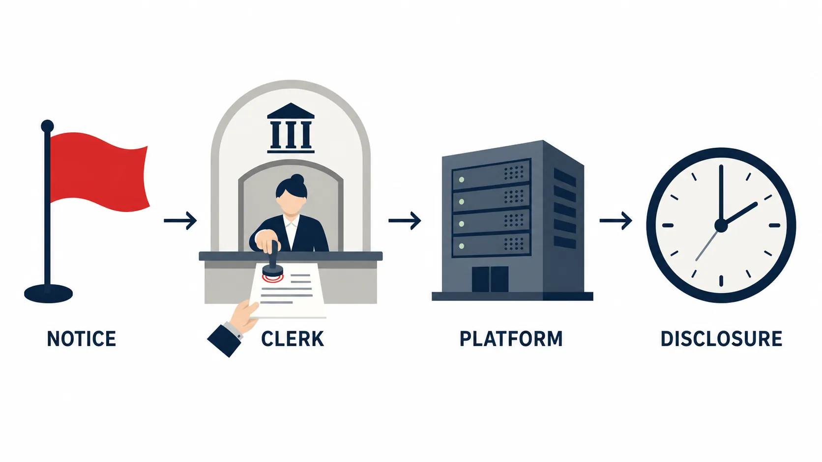 A process diagram showing notice, clerk stamping, platform service, and disclosure under the DMCA subpoena fast track