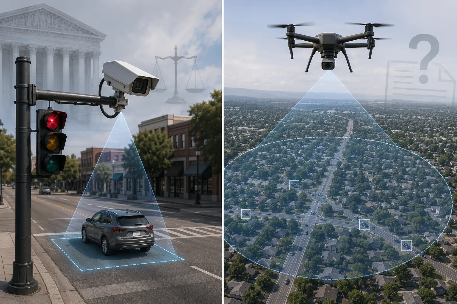 Comparison of a fixed ALPR camera at an intersection and a drone with a broad aerial coverage zone over roads and neighborhoods