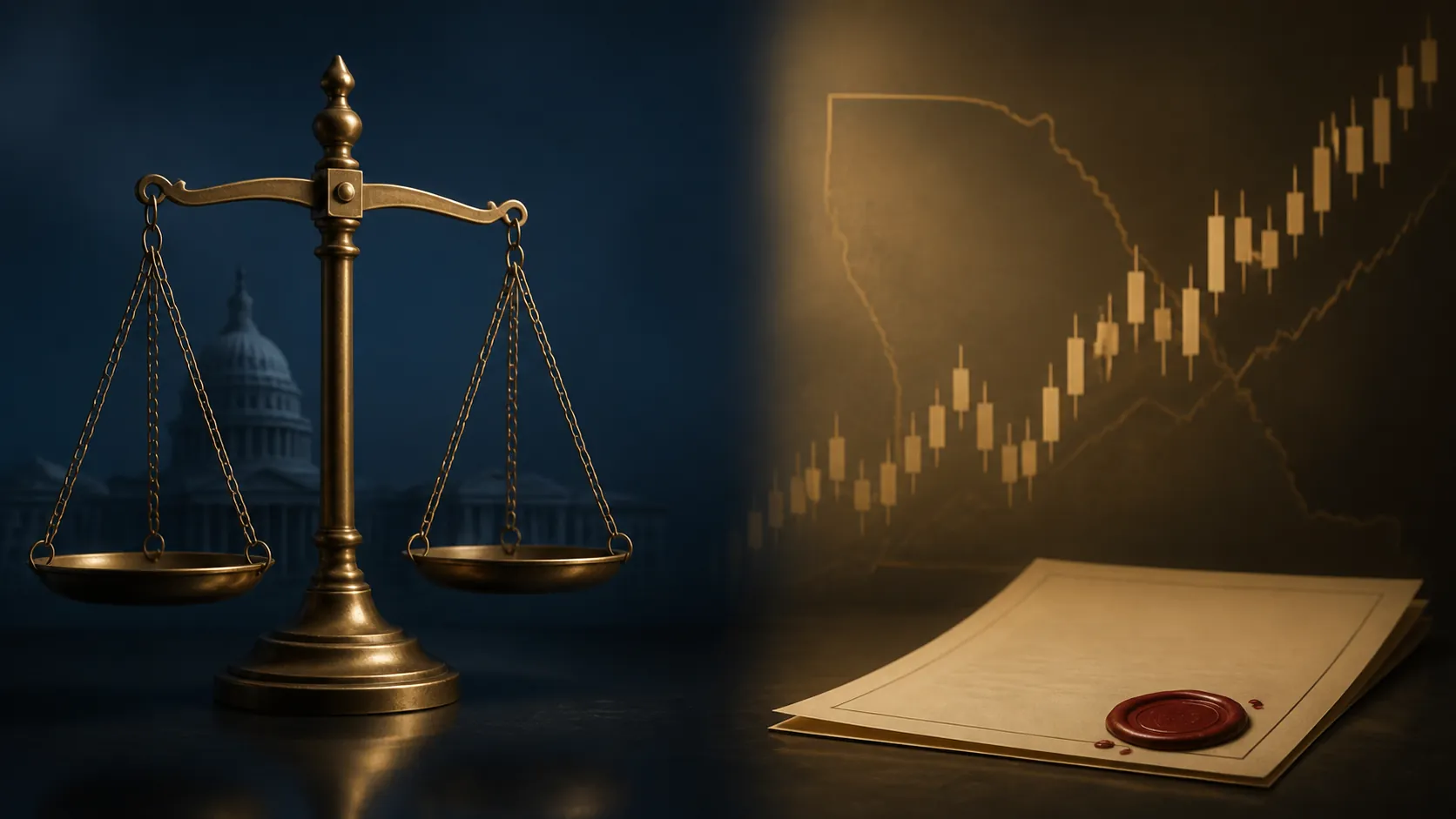 Scale of justice beside an abstract market chart and sealed legal contract, suggesting tension between federal approval and state enforcement