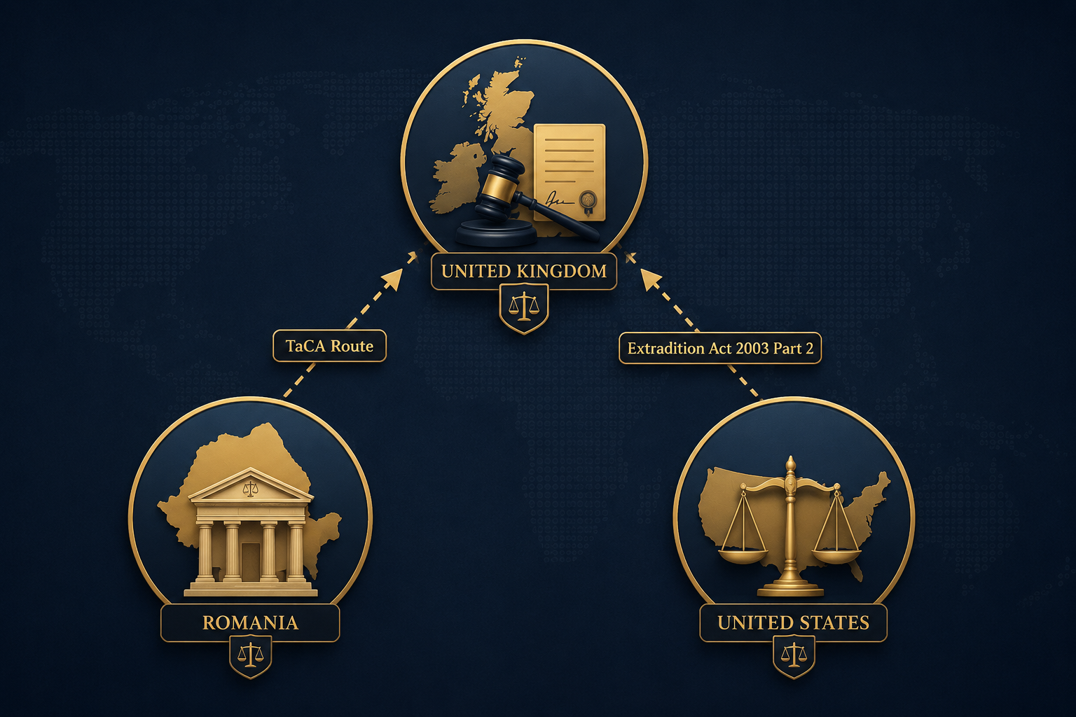 Map showing separate UK-Romania and UK-US extradition pathways