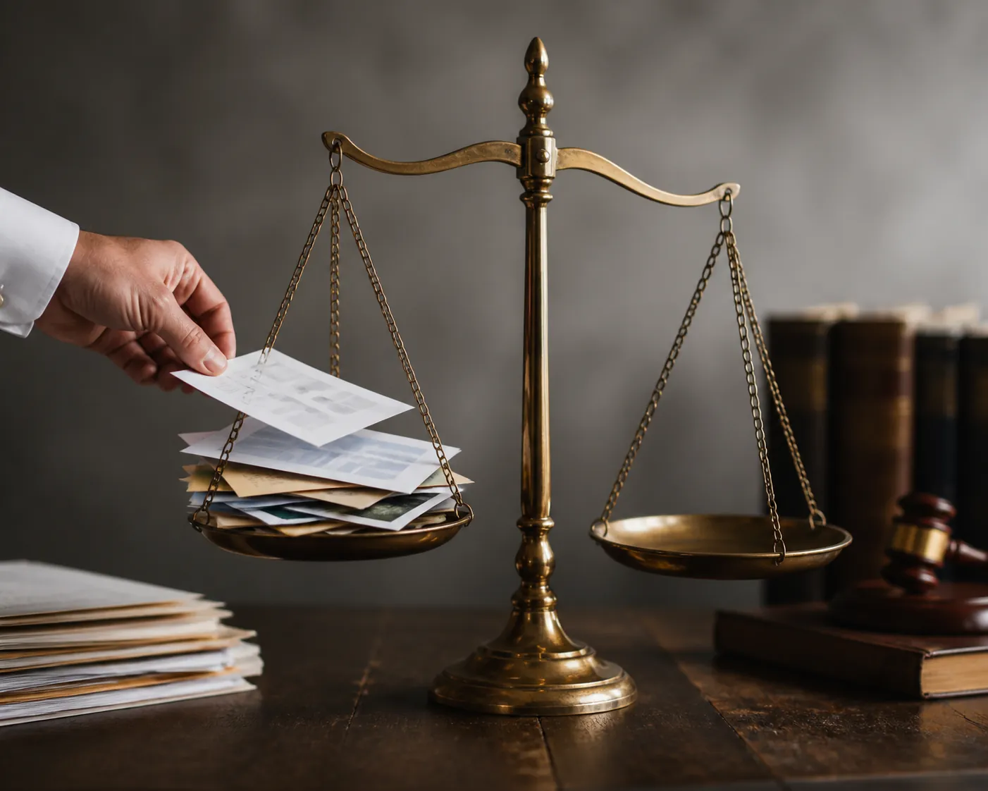 Balance scale with documents being placed on one pan to represent weighing multiple factors