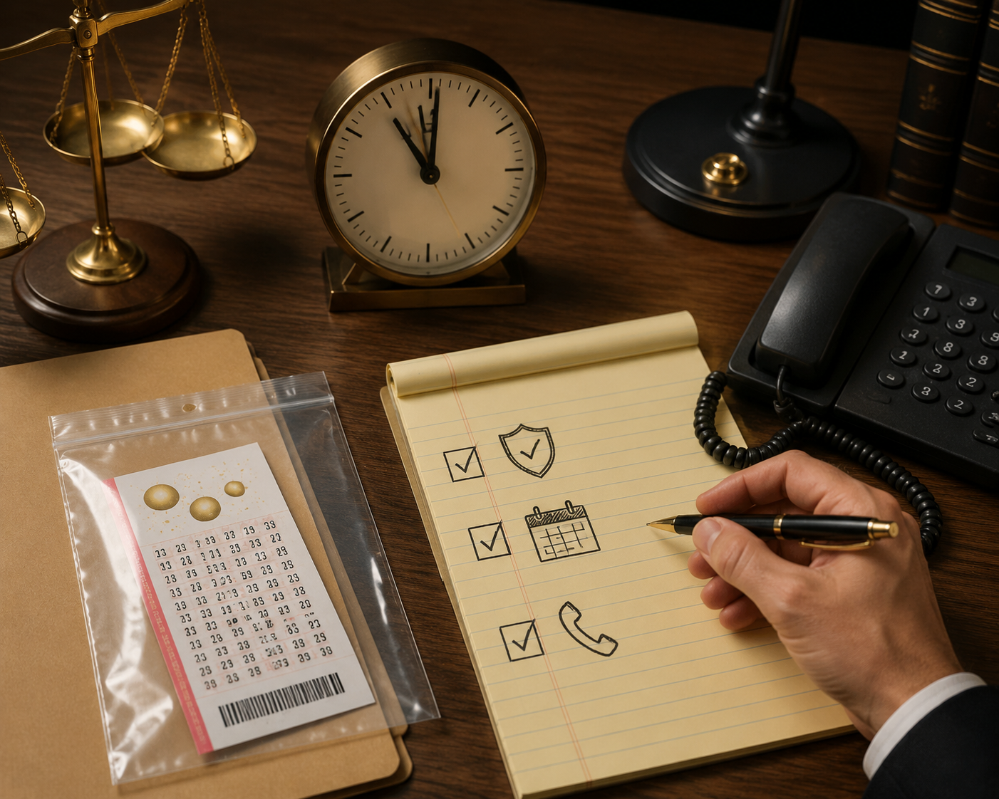 Attorney desk with a lottery ticket, legal notepad, pen, and clock showing limited time