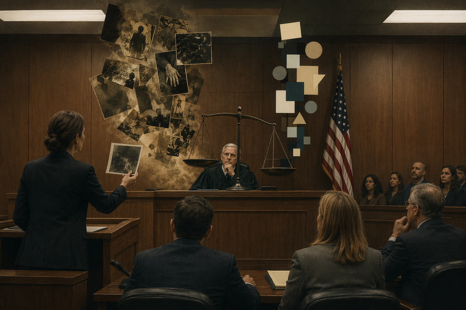 Courtroom hearing scene with legal scales balancing photographic fragments and fairness symbols