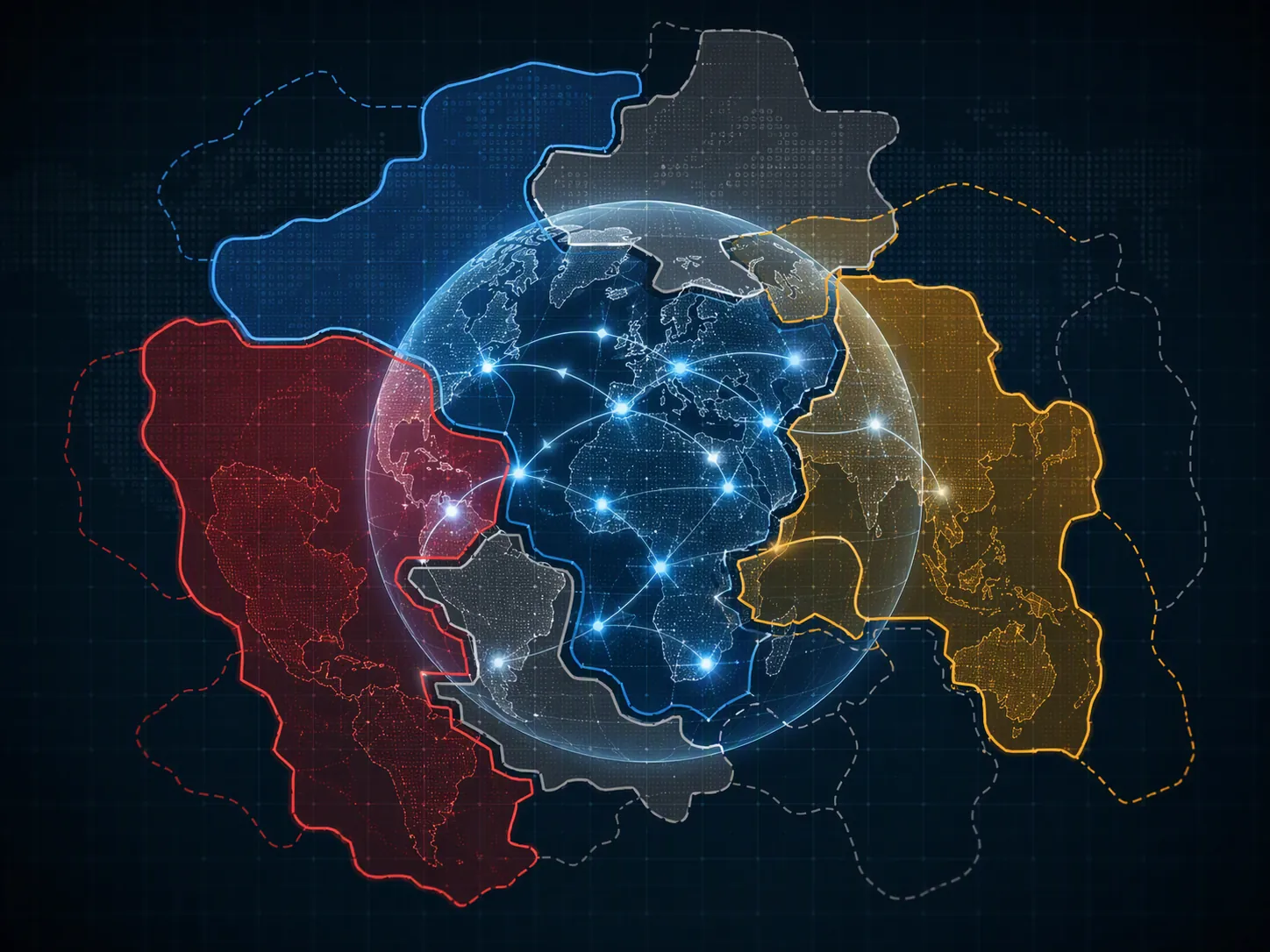 Abstract globe surrounded by overlapping regulatory boundary shapes and moving digital nodes
