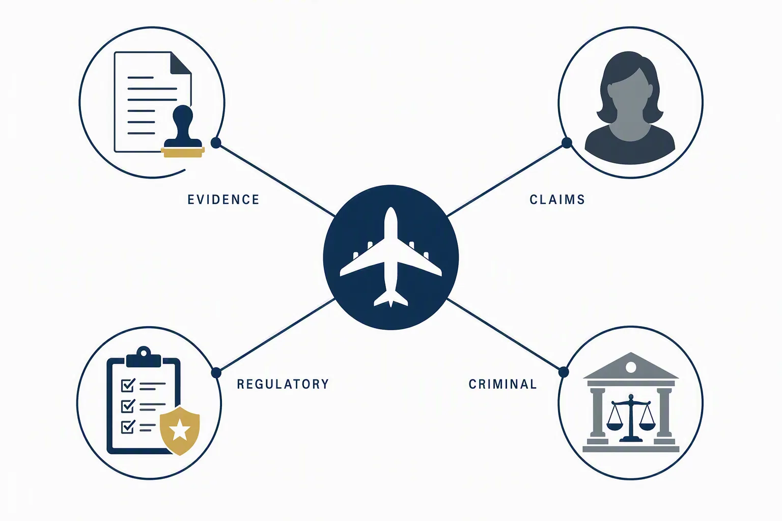 Flat diagram showing evidence, claims, regulatory, and criminal legal-exposure channels around an airliner icon