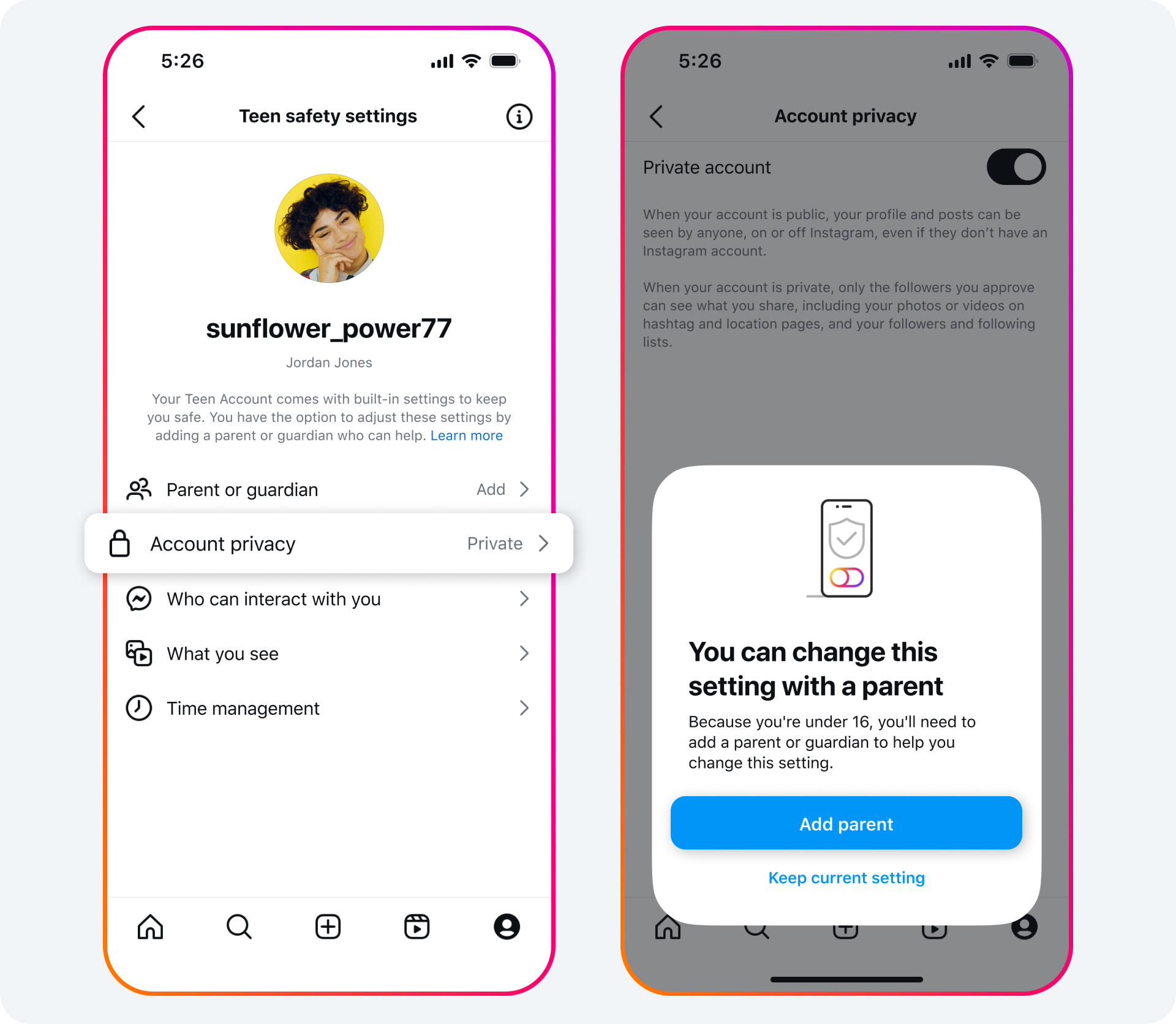 Instagram Teen Account built-in protections shown as six labeled icons around a smartphone mockup
