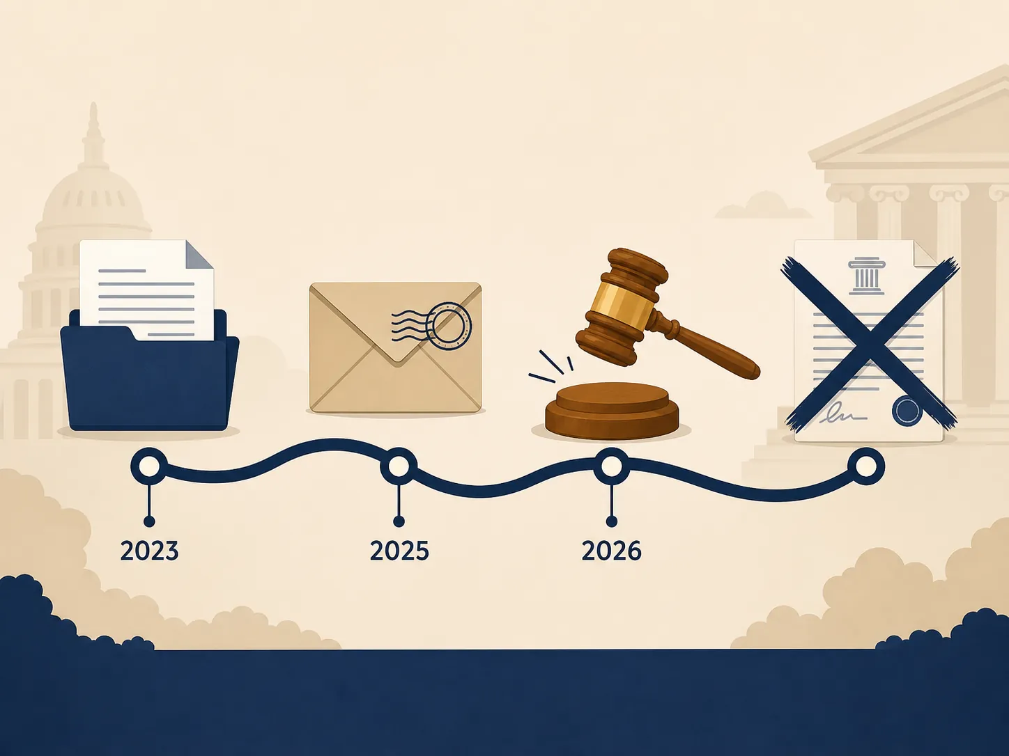 Legal timeline showing filing, service, default judgment, and a crossed-out judgment document from 2023 through 2026