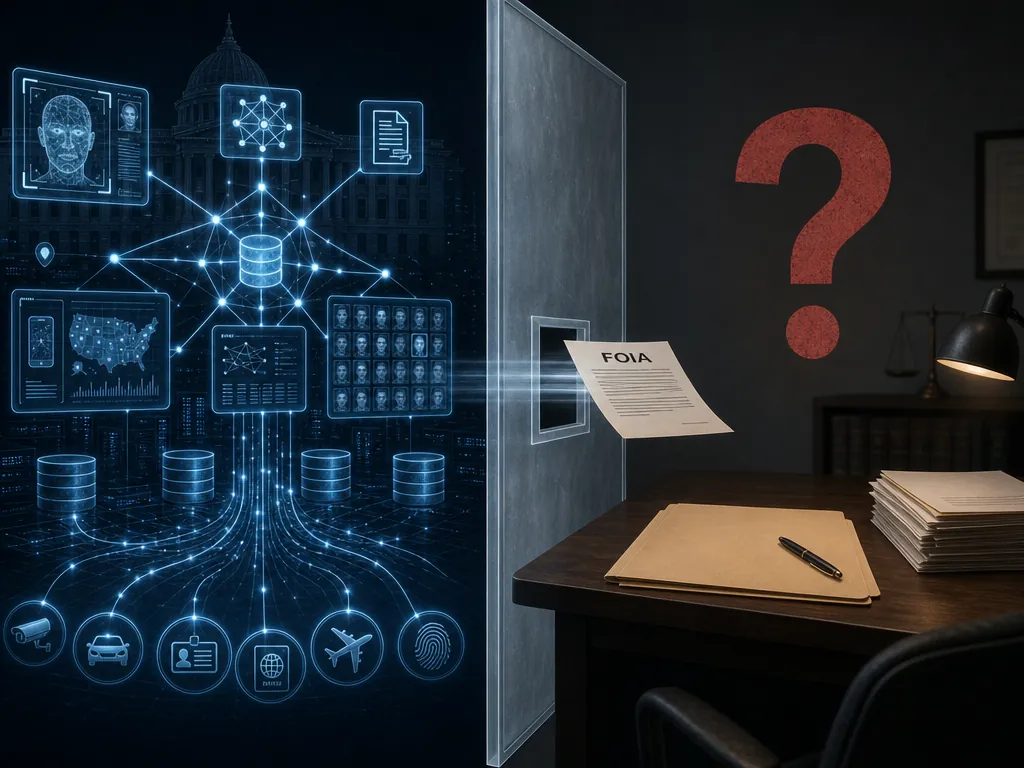 Government data systems separated from a defense attorney desk by a translucent wall with a FOIA document passing through