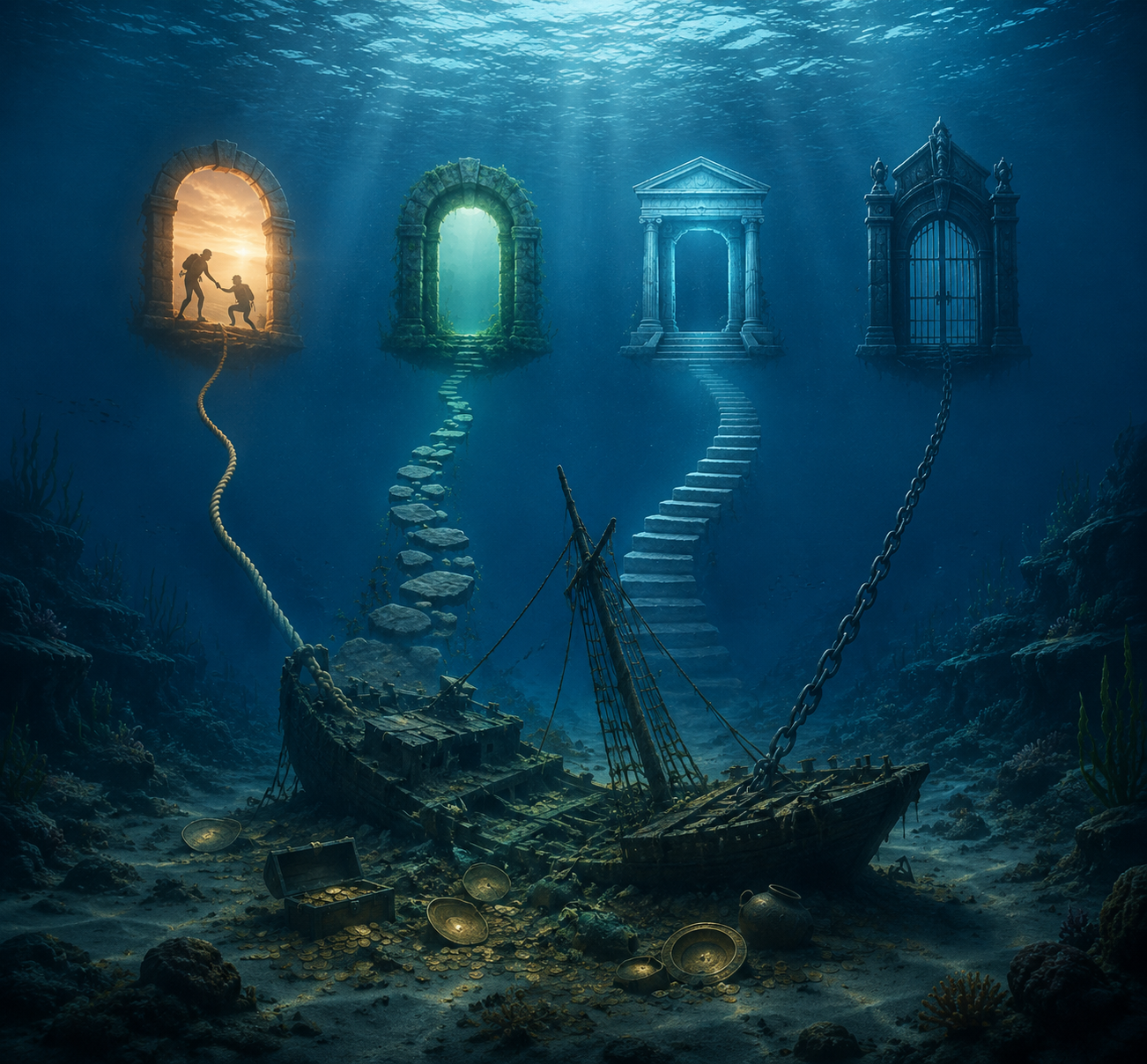 Sunken galleon with treasure and four glowing legal pathways rising through the water