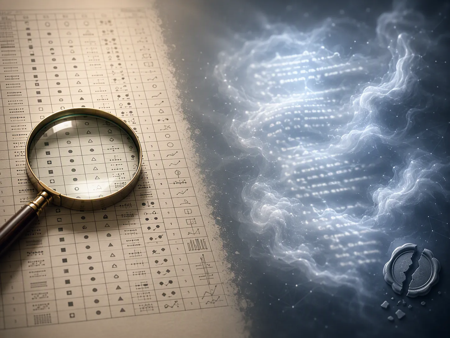 Magnifying glass sa chart grid sa tabi ng malabong AI output