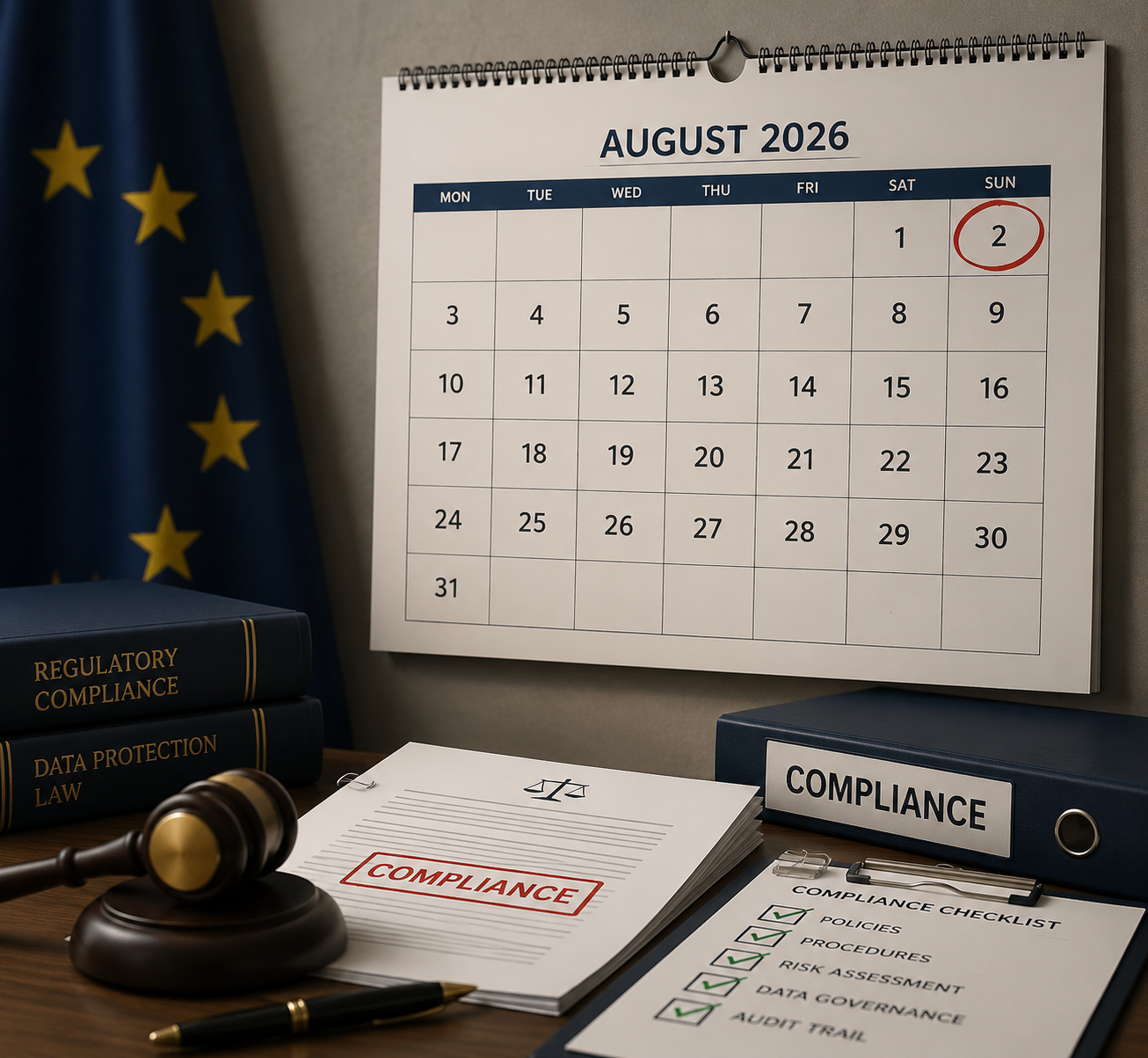 Professional desk with August 2, 2026 circled on a compliance calendar