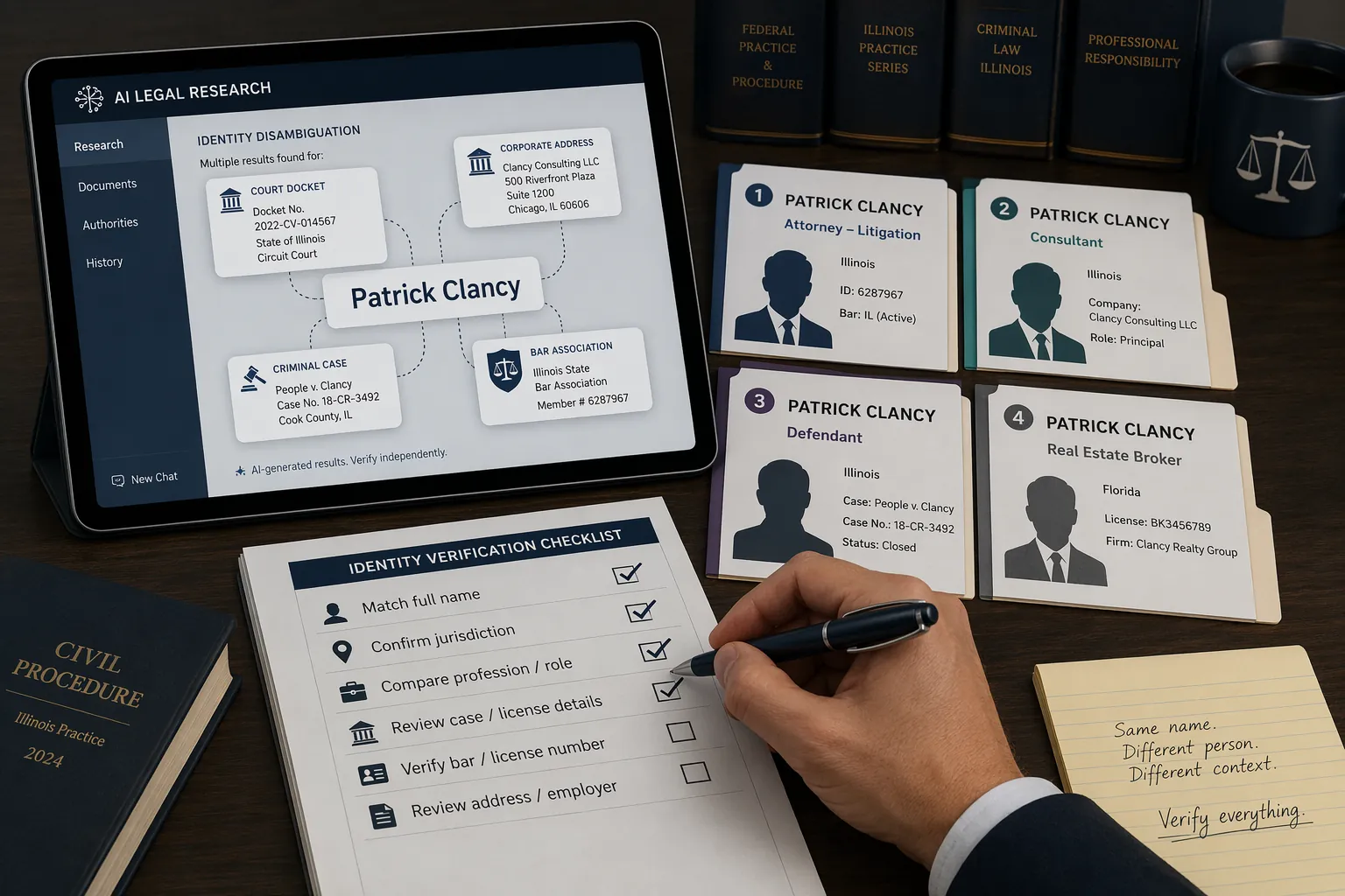 Legal research desk showing an AI interface for the name Patrick Clancy beside separate profile cards and a verification checklist