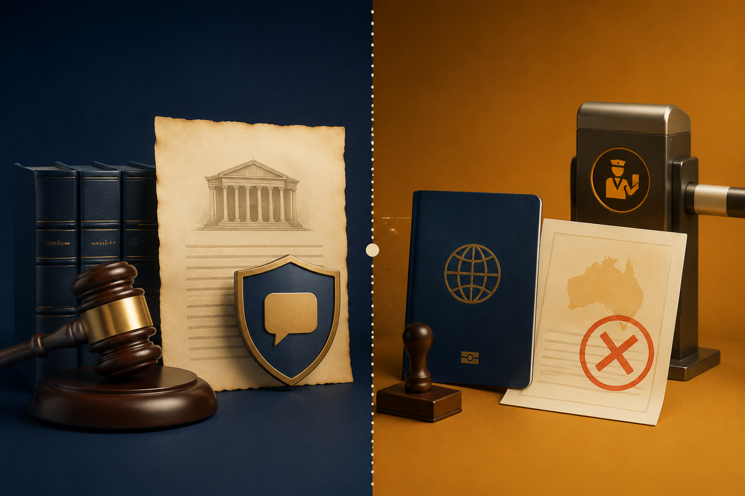 Split diagram comparing U.S. constitutional protections with Australian immigration sovereign power